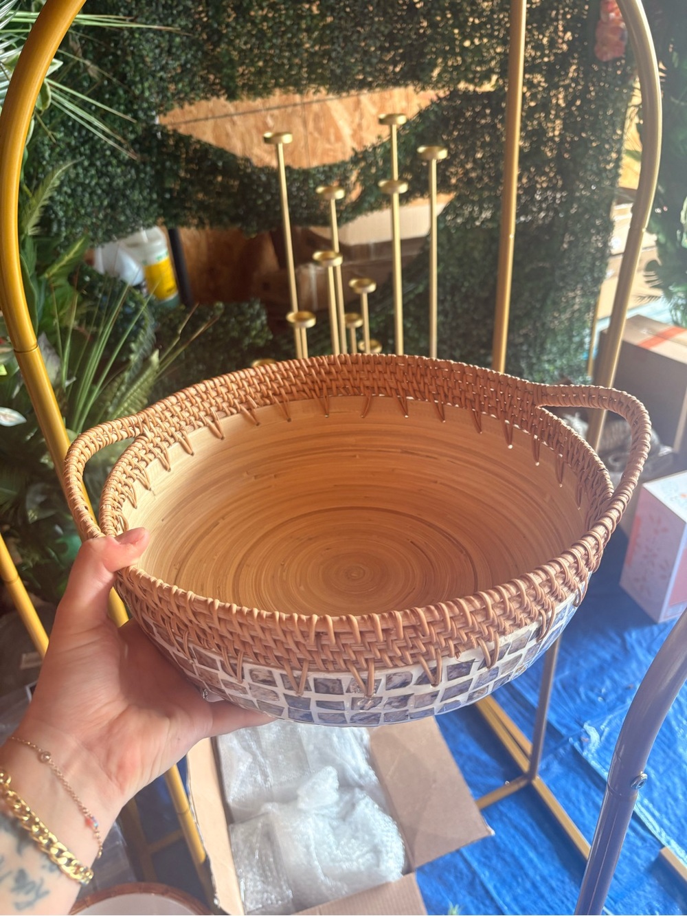Woven Rattan and Stone Mosaic Decorative Basket - Brown - Picture 2 of 4
